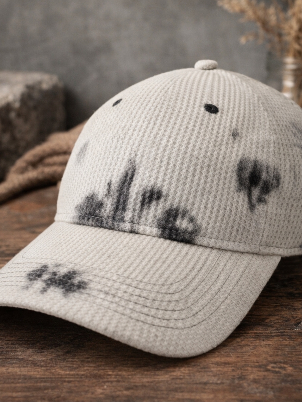 ZYIA Tie Dye Waffle Knit Hat Cream Black Dad Cap Casual Adjustable